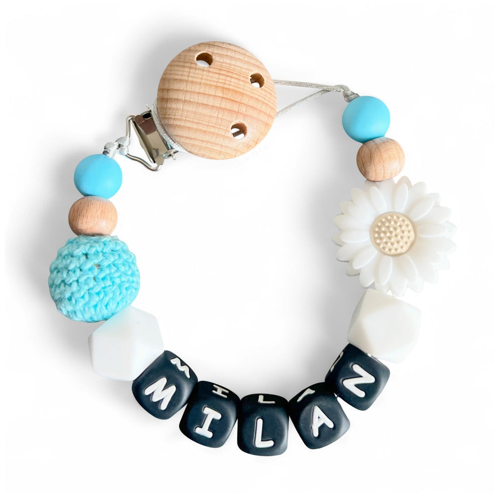 Schnullerkette Sonnenblume mit Namen